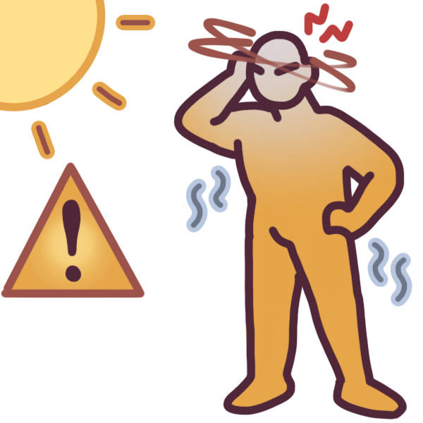 a person next to a sun and a yellow caution triangle. Their skin is pale, they’re holding one hand to their head, their head is spinning with dizziness, they have little headache lines radiating from their head, and they are sweating.